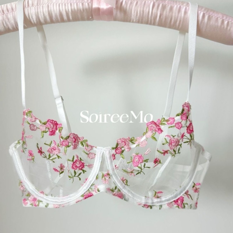 Sheer Mesh Bra - ชุดชั้นในลูกไม้ฝรั่งเศสสุดหรูสำหรับผู้หญิง ปักลายดอกไม้ นุ่มสบาย มีโครง ซัพพอร์ตหน้าอกใหญ่ บางเฉียบ